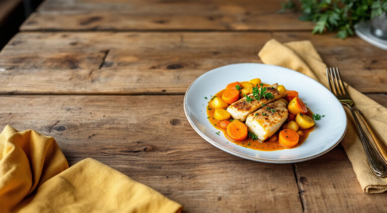 Colas de merluza en salsa con patatas y zanahorias