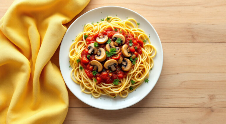Espaguetis con salsa de tomate y champiñones