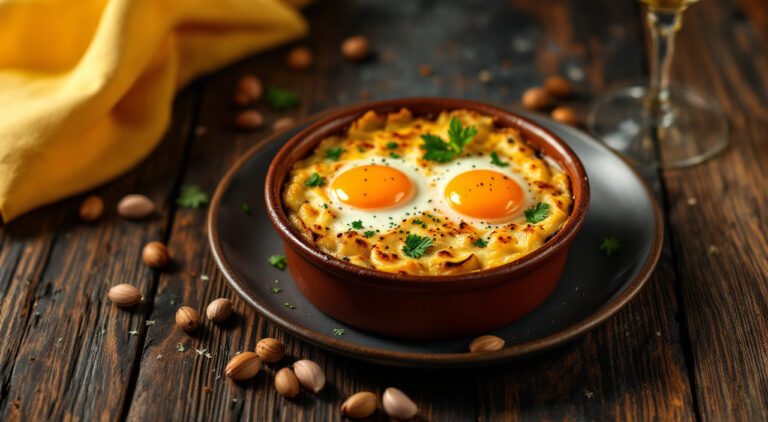 Gratén de patatas con berenjenas y huevos