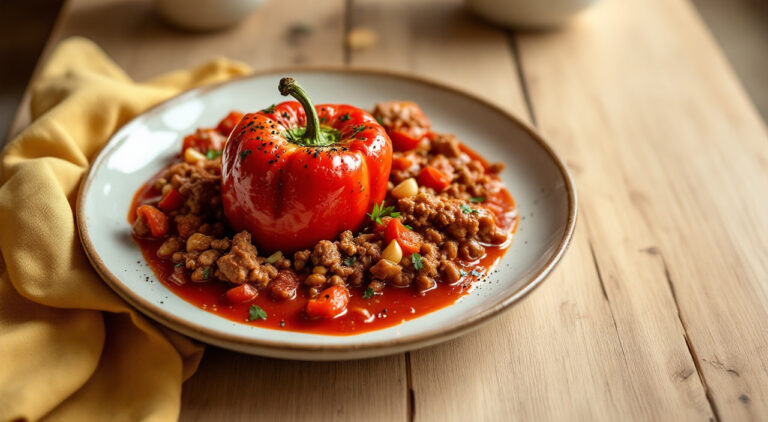 Pimientos rojos rellenos de carne en salsa de tomate