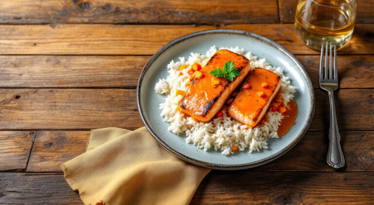 Salmón con salsa de naranja y arroz blanco